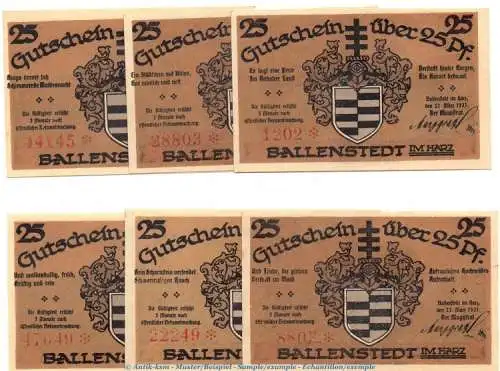 Notgeld Stadt Ballenstedt 61.3 , Set mit 6 Scheinen in kfr. von 1921 , Sachsen Anhalt Seriennotgeld