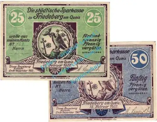 Friedeberg , Notgeld Set mit 2 Scheinen --mit US-- in kfr. M-G 391.1.a , Schzlesien 1922 Seriennotgeld