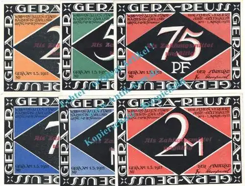 Gera , Notgeld Set mit 6 Scheine --roter Üdr-- in kfr. M-G 420... Thüringen 1921 Seriennotgeld