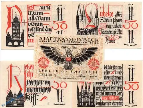 Notgeld Lübeck , Set mit 5 Scheinen in kfr. Mehl Grabowski 831.3 , von 1921 , Schleswig Holstein Seriennotgeld