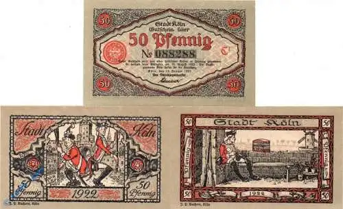 Notgeld Köln , Set mit 3 Scheinen , Mehl Grabowski 717.1 , von 1922 , Westfalen Serien Notgeld