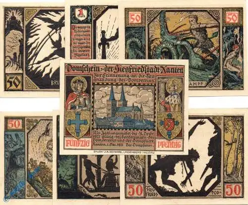 Notgeld Dompfarre Xanten 1464.1.b  , Set mit 7 Scheinen in kfr. von 1921 , Westfalen Seriennotgeld
