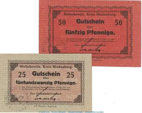 Bielschowitz , Notgeld Set mit 2 Scheinen in kfr. Tieste 0625.05.05-6 , Verkehrsausgabe o.D. Schlesien