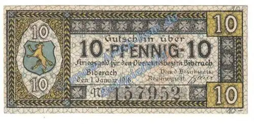 Biberach , Notgeld 10 Pfennig Schein in kfr. Tieste 0600.05.06 Württemberg 1918 Verkehrsausgabe