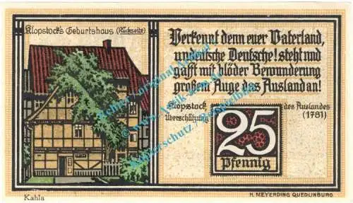 Quedlinburg , Notgeld 25 Pfennig Schein -KAHLA- in kfr. M-G 1087.2 , Sachsen Anhalt 1921 Seriennotgeld