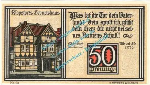 Quedlinburg , Notgeld 50 Pfennig Nr.2 -KAHLA- in kfr. M-G 1087.2 , Sachsen Anhalt o.D. Seriennotgeld