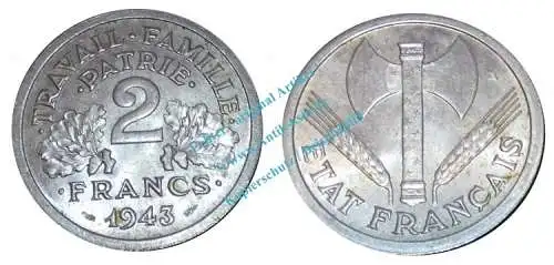 Frankreich - France , Münze 2 Francs von 1943 -Axt und Ähren- KM.904.1