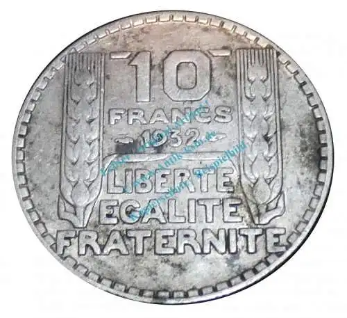 Frankreich - France , 10 Francs Silber Münze von 1932 -Laureate- KM.878