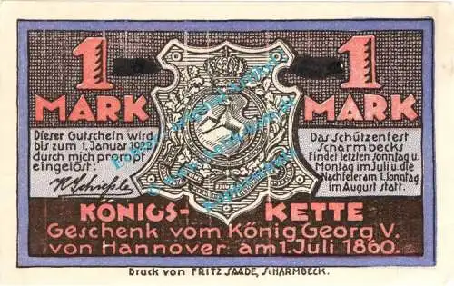 Scharmbeck , Notgeld 1 Mark Schein in kfr. M-G 1172.2.d , Niedersachsen o.D. Seriennotgeld