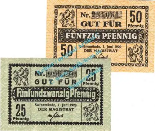 Swinemünde , Notgeld Set mit 2 Scheinen in kfr-unc 7245.05.25-26 , Pommern 1920 Verkehrsausgabe