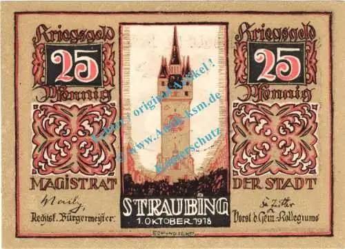 Straubingen , Notgeld 25 Pfennig -Wellenb.- in kfr-unc 7180.05.11 , Bayern 1918 Verkehrsausgabe