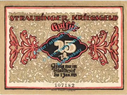 Straubingen , Notgeld 25 Pfennig -Wellenb.- in kfr-unc 7180.05.11 , Bayern 1918 Verkehrsausgabe