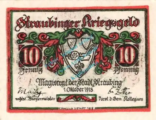 Straubingen , Notgeld 10 Pfennig -Wellenb.- in kfr-unc 7180.05.10 , Bayern 1918 Verkehrsausgabe