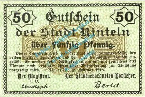 Rinteln , Notgeld 50 Pfennig Schein in unc. Tieste 6075.05.13 , Hessen 1918 Verkehrsausgabe