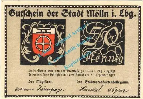 Mölln , Notgeld 50 Pfennig Schein in kfr-unc 4605.30.01 , Schleswig o.D. Verkehrsausgabe