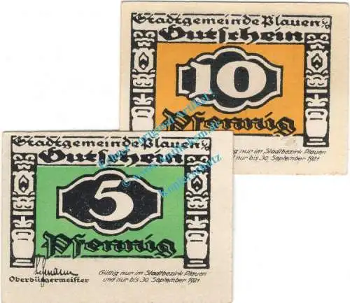 Plauen , Notgeld Set mit 2 Scheinen in unc. Tieste 5655.10.25-26 , Sachsen o.D. Verkehrsausgabe