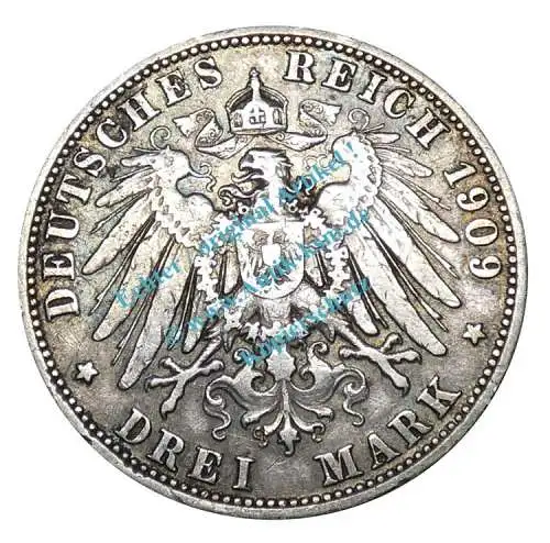 Silbersmünze Preussen , 3 Mark Stück -Wilhelm II- von 1909 A , J.103 -0587