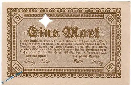 Notgeld Görlitz , 1 Mark Schein in kfr. E , o. Kn. Geiger 184.04.b , 15.11.1918 , Schlesien Großnotgeld