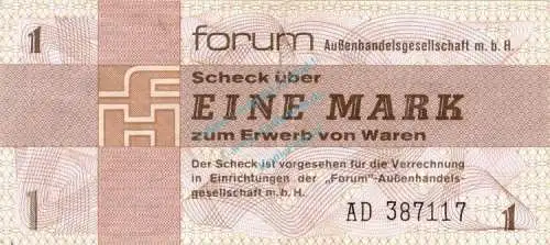 Banknote , 1 Mark Scheck in gbr. DDR-30, Ros.368, FX2, DDR 1979 Forum-Aussenhandelsgesellschaft