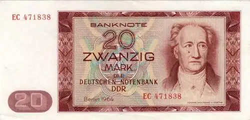 Banknote , 20 Mark Schein in gbr. DDR-18.a, Ros.356, P.24, DDR 1964 deutsche Notenbank