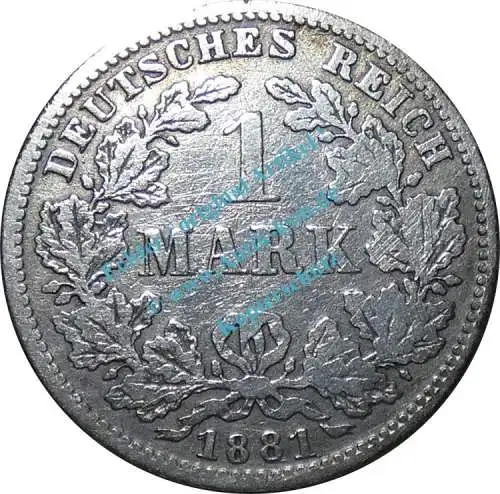 Kursmünze deutsches Reich , 1 Mark Stück -kl. Adler- von 1881 D , J.9 -0593