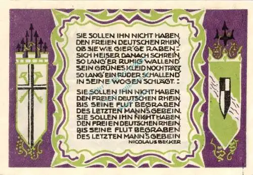 Königswinter , Notgeld 50 Pf. --Sie sollen Ihn...1509 WZ-- in kfr. M-G 730.1 Westfalen 1921 Seriennotgeld