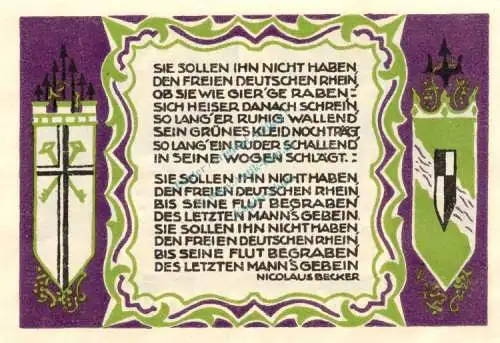 Königswinter , Notgeld 50 Pf. --Sie sollen Ihn...1510 WZ-- in kfr. M-G 730.1 Westfalen 1921 Seriennotgeld