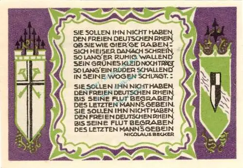 Königswinter , Notgeld 50 Pf. --Sie sollen Ihn...1504-- in kfr. M-G 730.2.c Westfalen 1921 Seriennotgeld