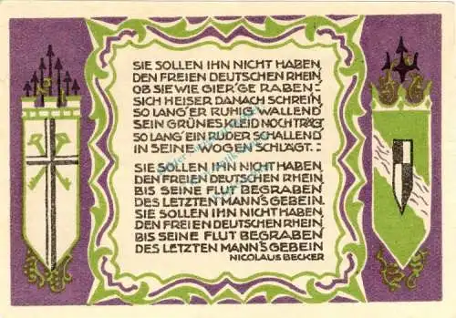 Königswinter , Notgeld 50 Pf. --Sie sollen Ihn...1506-- in kfr. M-G 730.2.c Westfalen 1921 Seriennotgeld