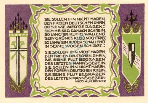 Königswinter , Notgeld 50 Pf. --Sie sollen Ihn...1509-- in kfr. M-G 730.2.c Westfalen 1921 Seriennotgeld