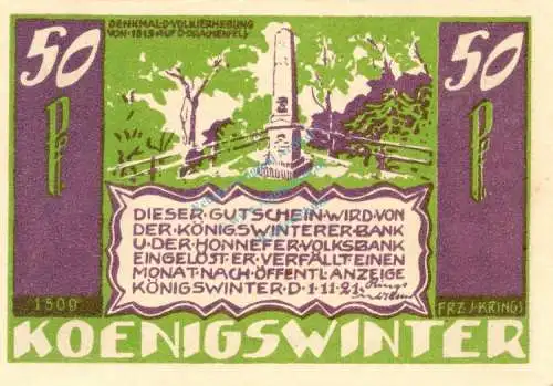 Königswinter , Notgeld 50 Pf. --Sie sollen Ihn...1509-- in kfr. M-G 730.2.c Westfalen 1921 Seriennotgeld