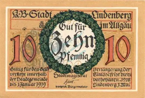 Lindenberg , 10 Pfennig --FEHLDRUCK-- E in kfr-unc , Ti.4115.... Bayern 1918 Verkehrsausgabe