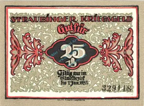 Straubingen , Notgeld 25 Pfennig in kfr-unc 7180.05.31 , Bayern 1918 Verkehrsausgabe