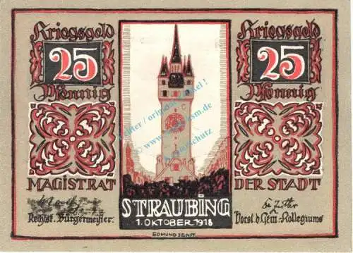 Straubingen , Notgeld 25 Pfennig in kfr-unc 7180.05.31 , Bayern 1918 Verkehrsausgabe