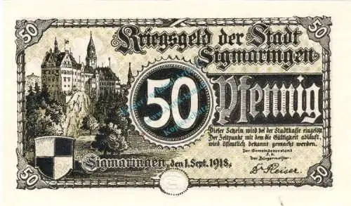 Sigmaringen , 50 Pfennig Schein in kfr-unc 6905.05.05 , Hohenzollern 1918 Verkehrsausgabe