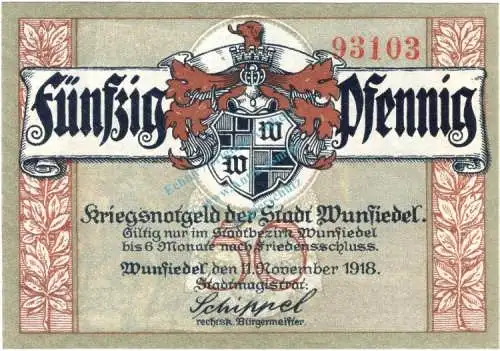 Wunsiedel , Notgeld 50 Pfennig -Reiter- in kfr-unc 8140.05.17 , Bayern 1918 Verkehrsausgabe