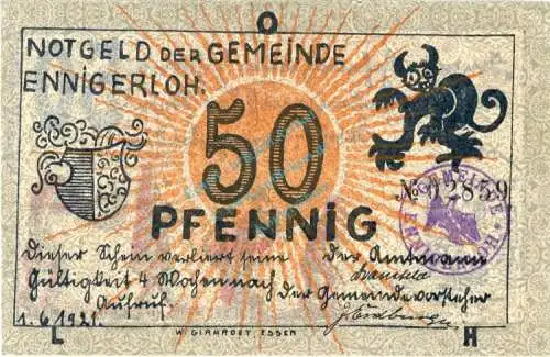 Ennigerloh , Notgeld 50 Pfennig Nr.4 -Gem- Stpl- in unc-kfr 338.2.a , Westfalen 1921 Seriennotgeld