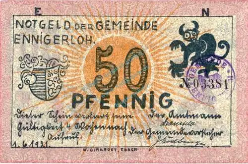 Ennigerloh , Notgeld 50 Pfennig Nr.1 -Gem- Stpl- in unc-kfr 338.2.a , Westfalen 1921 Seriennotgeld