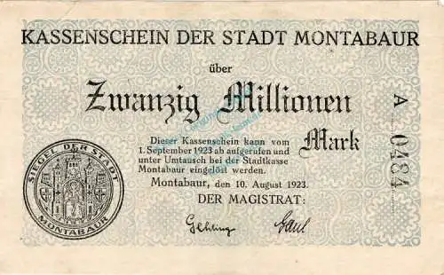 Montabaur , Notgeld 20 Millionen Mark -Variante- in gbr. Keller 3598.... Hessen 1923 Grossnotgeld Inflation