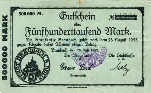 Braubach , Banknote 500.000 Mark Schein in gbr. Keller 566.b , Hessen 1923 Inflation