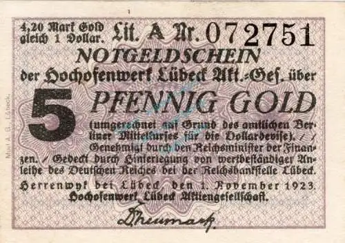 Herrenwyk , Notgeld 5 Gold Pfennig Schein in kfr. Müller 2500.1 , Schleswig Holstein 1923 Wertbeständig