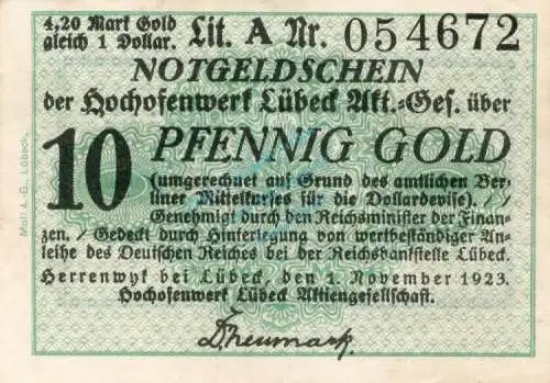 Herrenwyk , Notgeld 10 Gold Pfennig Schein in kfr. Müller 2500.2 , Schleswig Holstein 1923 Wertbeständig