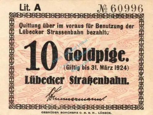 Lübeck , Notgeld 10 Gold Pfennig Schein in kfr. Müller 3115.2 , Schleswig Holstein o.D. Wertbeständig