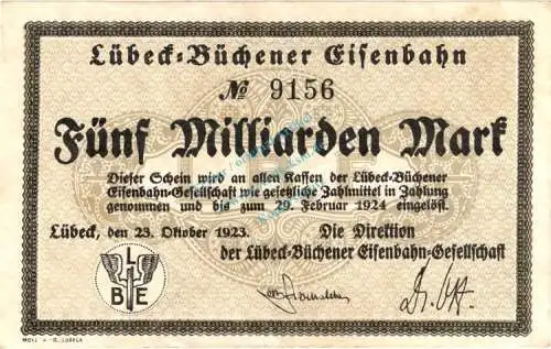 Lübeck , Banknote 5 Milliarden Mark Schein in gbr. Keller 3342 , Schleswig Holstein 1923 Inflation