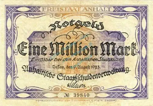 Dessau , Banknote 1 Million Mark Schein in gbr. Keller 104.a , Sachsen Anhalt 1923 Inflation