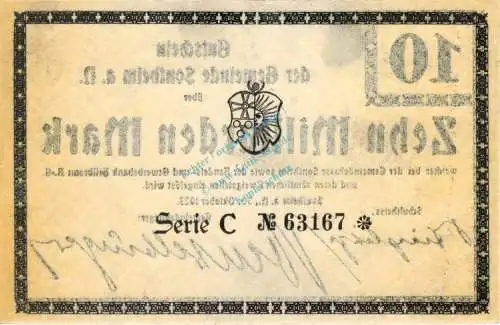 Sontheim , Banknote 10 Milliarden Mark Schein in kfr. Keller 4528 , Württemberg 1923 Inflation