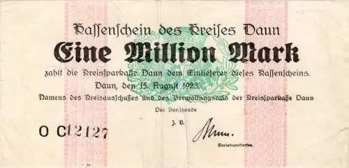 Daun , Banknote 1 Million Mark Schein in gbr. Keller 962.b , Rheinland 1923 Inflation