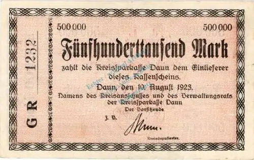 Daun , Banknote 500.000 Mark Schein in gbr. Keller 962.a , Rheinland 1923 Inflation