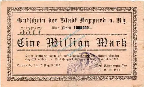 Boppard , Banknote 1 Million Mark Schein in gbr. Keller 528.b , Rheinland 1923 Inflation