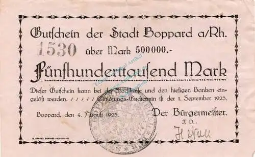 Boppard , Banknote 500.000 Mark Schein in gbr. Keller 528.a , Rheinland 1923 Inflation